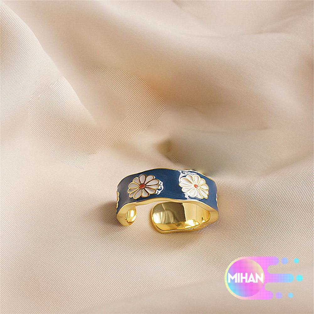 Nhẫn cưới MIHAN1 2021 bằng hợp kim tráng men xanh dương họa tiết hoa cúc nhỏ xinh có thể điều chỉnh