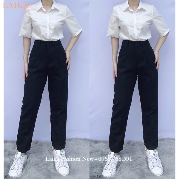 Quần tây học sinh đi học lưng cao ống suông dài màu Xanh Đen kiểu quần baggy vải dày nữ đi học cạp đáy cao co giãn nhẹ