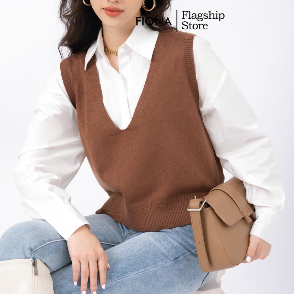 Áo len nữ Gile cổ tim FIONA, áo len nữ trẻ trung năng động xẻ sườn, phong cách Hàn Quốc F851156 *&71