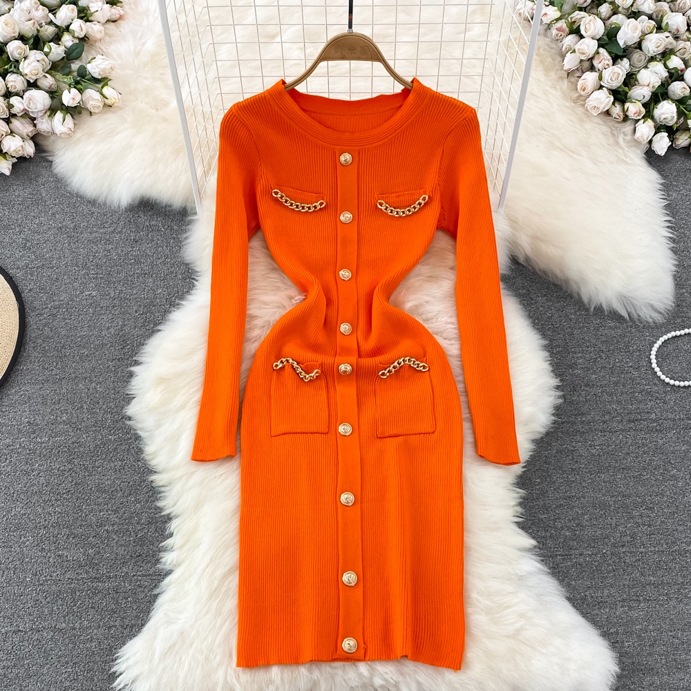 Đầm cổ tròn tay dài chất len dệt kim 6 màu tôn dáng