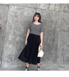 Váy sọc kẻ rút eo Bigsize (80kg~100kg)(SALE)