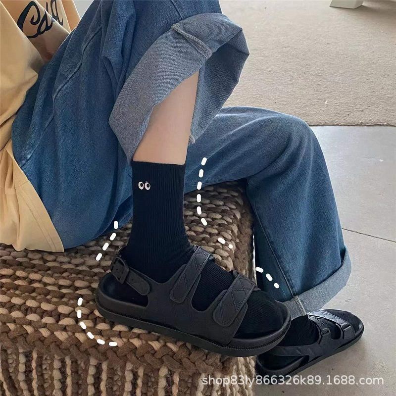 Vớ Cotton Màu Trơn Thêu Họa Tiết Đôi Mắt Nhỏ Dễ Thương Vui Nhộn Thời Trang Xuân Hè Cho Nữ