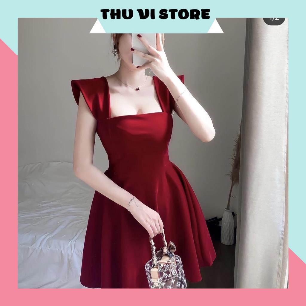 Váy Xòe Nữ, Đầm 2s Cánh Tiên Đỏ, Cổ Vuông Chất Nhung Nữ Tính, Quyến Rũ Siêu Tôn Dáng.