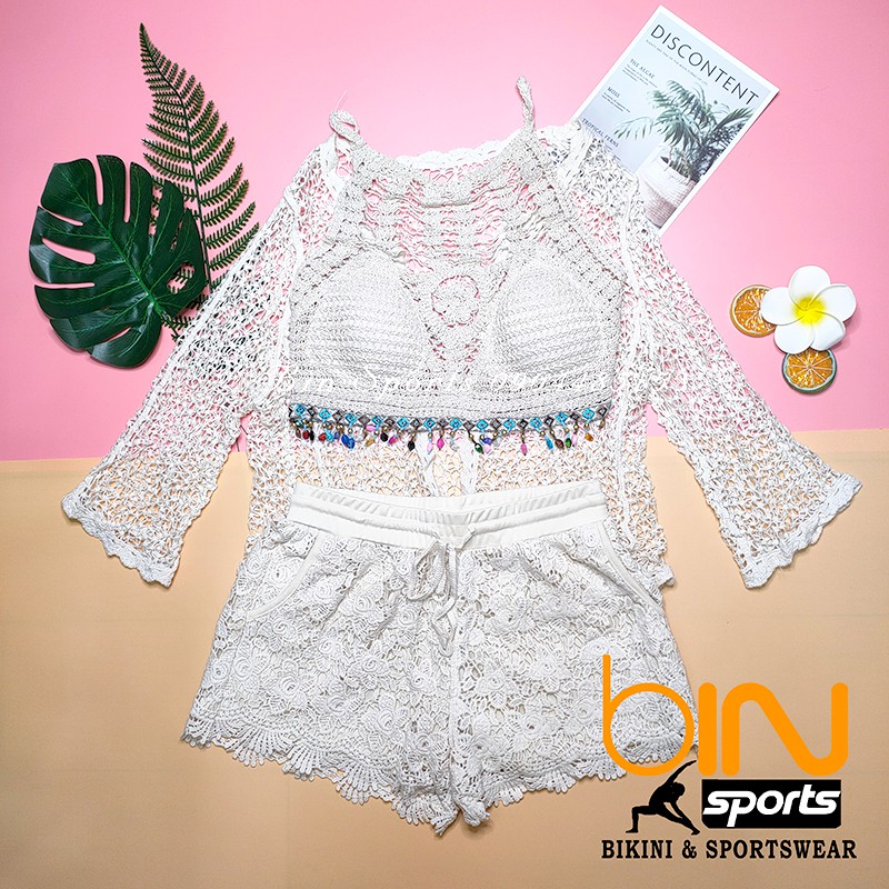 Đồ Bơi Nữ Sét Bikini Len Móc Đi Biển 3 Chi Tiết Bin Sports BHN017