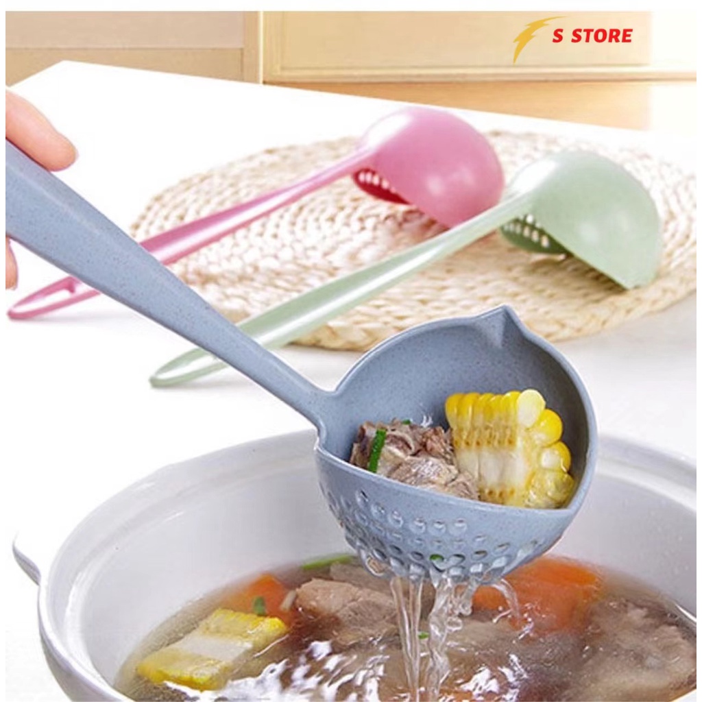 Muôi muỗng múc canh lúa mạch 2 trong 1 có lỗ vớt thức ăn lọc nước -  Vá ăn lẩu thông minh 2in1 lọc dầu lọc nước lẩu