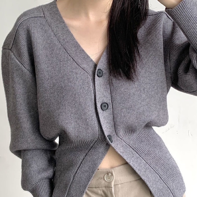 Áo len tăm cardigan tay dài gài khuy xẻ tà cổ V nhẹ nhàng phong cách Hàn Quốc