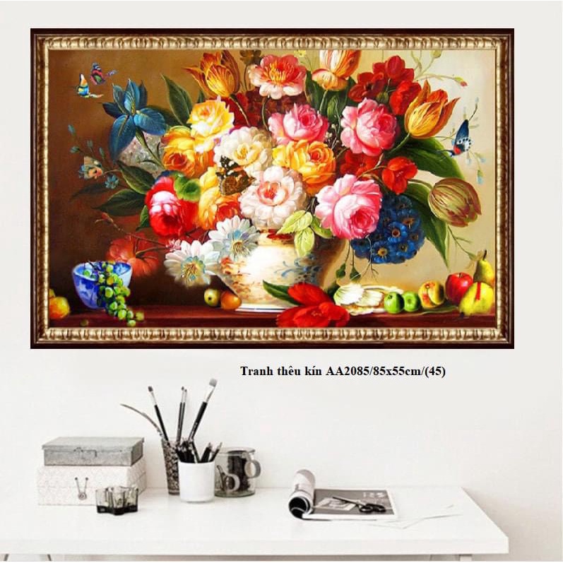 tranh thêu chữ thập bình hoa đẹp AA2085 - 83*55 - tranh chưa thêu
