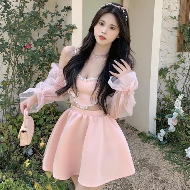 Bán Chạy Bộ Đồ Công Chúa Pettiskirt Hai Dây Khảm Đá Kim Cương Tinh Khiết Hình Trái Tim Phối Lưới May Tỉ Mắn + Eo Cao