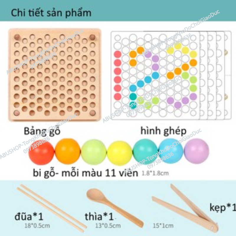 Đồ chơi gỗ thông minh, Bộ gắp hạt rèn kỹ năng vận động tinh, tập cầm đũa, thìa, rèn khéo léo đôi tay, não bộ