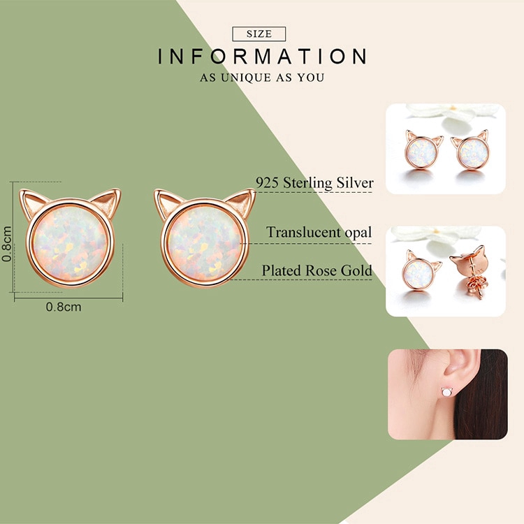 Bông Tai Bamoer Mạ Vàng Hồng Phối Tai Mèo Đính Đá Opal Nhỏ Nhắn Sang Trọng Cho Nữ