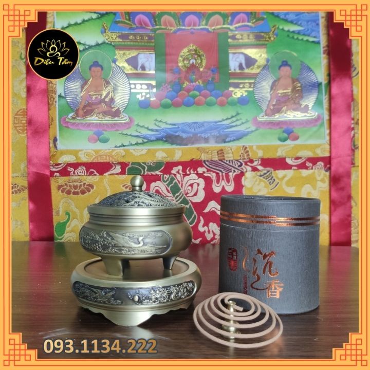 Lư xông trầm bằng đồng nguyên chất khắc hình rồng phượng ưu đãi combo nhang vòng/ trầm nụ