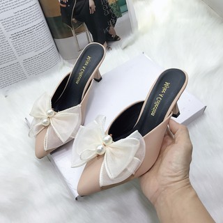 Ảnh thật - dép cao gót nữ, dép cao gót 5cm, gót nhọn phối nơ kết ngọc siêu xinh, có ảnh thật