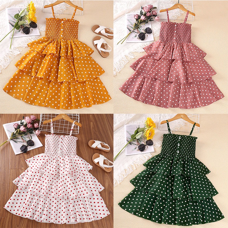 Đầm công chúa SIYYIS hai dây xếp tầng vải voan chấm bi có thể điều chỉnh dành cho bé gái 5-12 tuổi