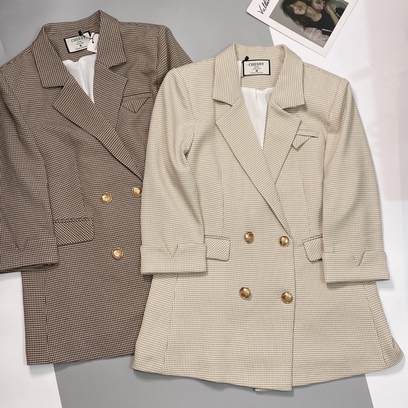 Áo blazer kẻ thiết kế 2 lớp nắp túi tam giác