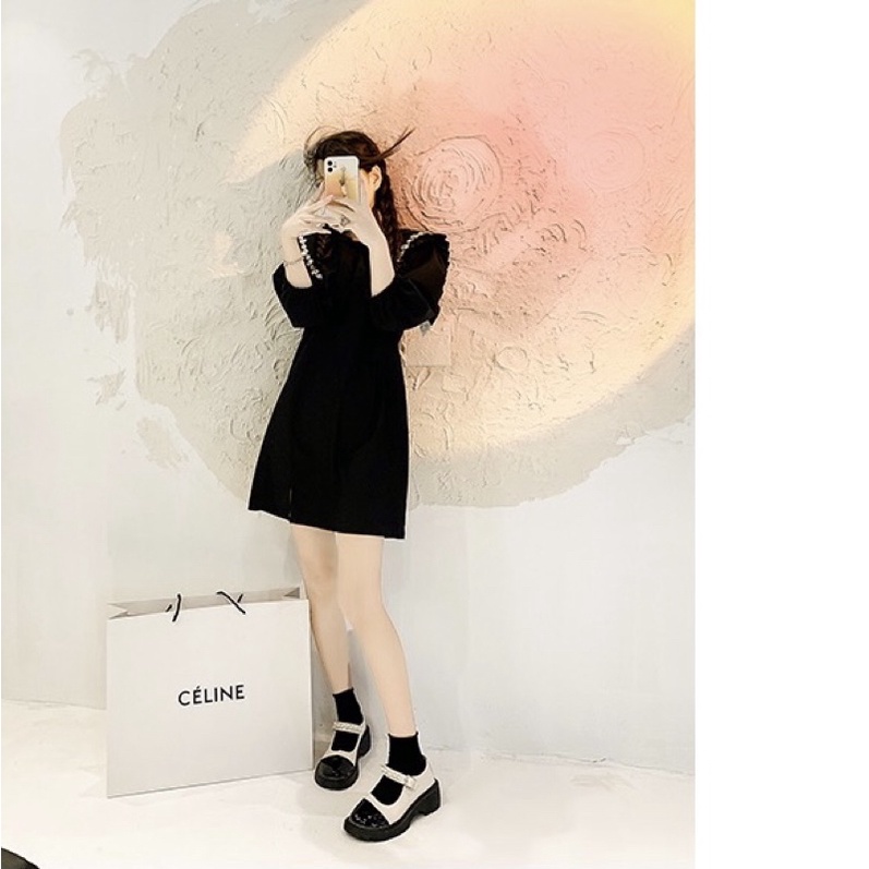 Giày Lolita quai ngọc da mềm,giày búp bê phong cách ulzzang đế cao 3-5P