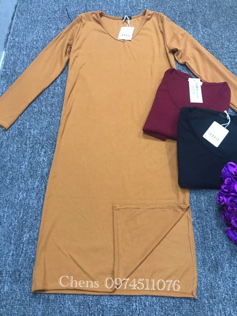 Đầm suông váy suông nữ dài tay cổ tim chất đẹp có hình thật