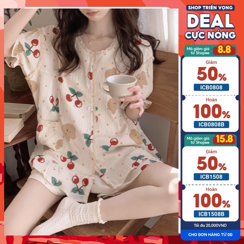 Set mặc nhà - bộ ngủ tay ngắn quần ngắn viền ren, tay phồng in họa tiêt đáng yêu, vải xốp nhẹ, mềm mát, có túi xinh xắn