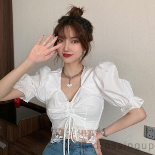 Áo croptop tay phồng cổ chữ V màu sắc thời trang mùa hè cho nữ
