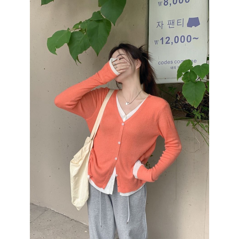 Porozi Áo khoác cardigan nữ  dệt kim mỏng tay dài cổ V thời trang Hàn Quốc