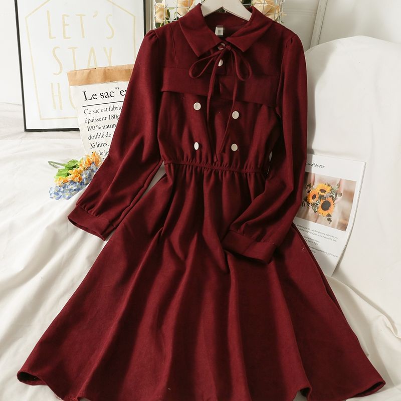 Đầm Váy Vintage Váy Dài Xòe Bo Chun Eo Thắt Nơ Cổ Tay Dài Hàng QC