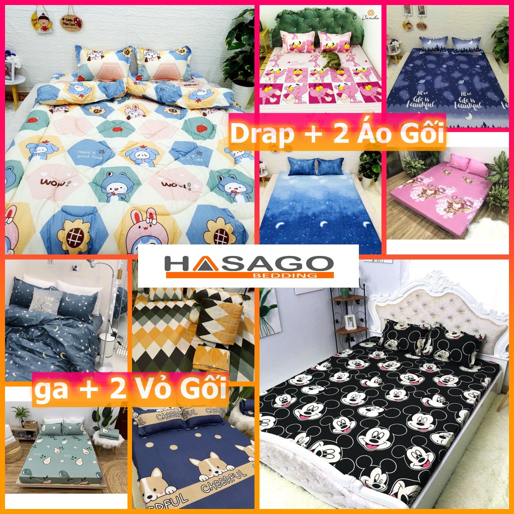 Bộ Drap giường 2022 Ga Nệm Cotton Poly 3 Món 1m2 1m4 1m6 1m8 2m2 (Drap trải giường + 2 áo gối ) - Bộ Drap Gối  GC44-Gc53