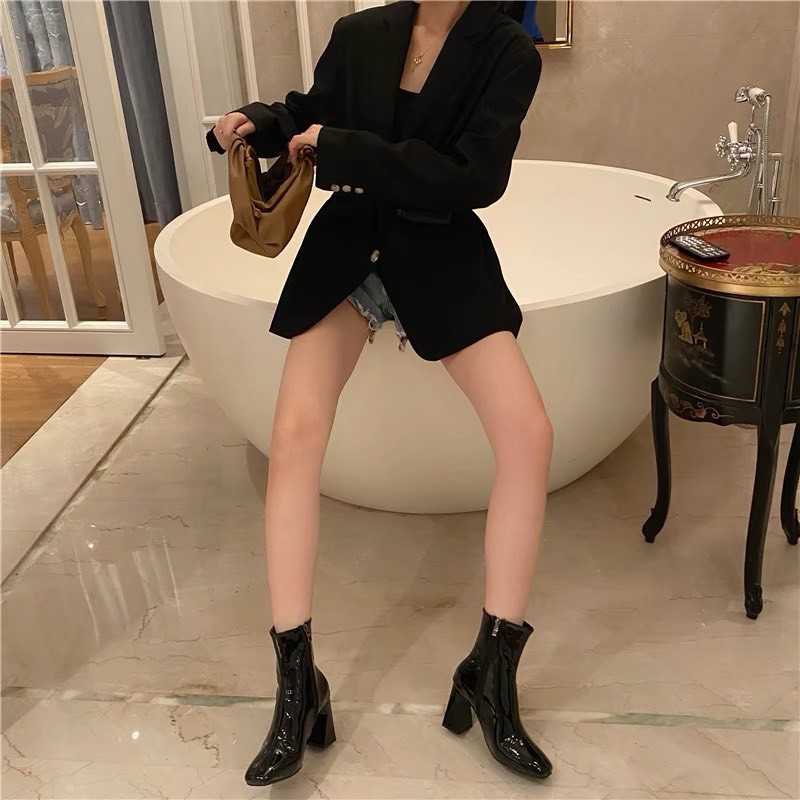 Giày bốt nữ mã 2300 có 3 màu đen trắng đỏ cổ cao da bóng khóa kéo cạnh boot nữ gót cao 7 cm boots ulzzang hàn quốc 2020