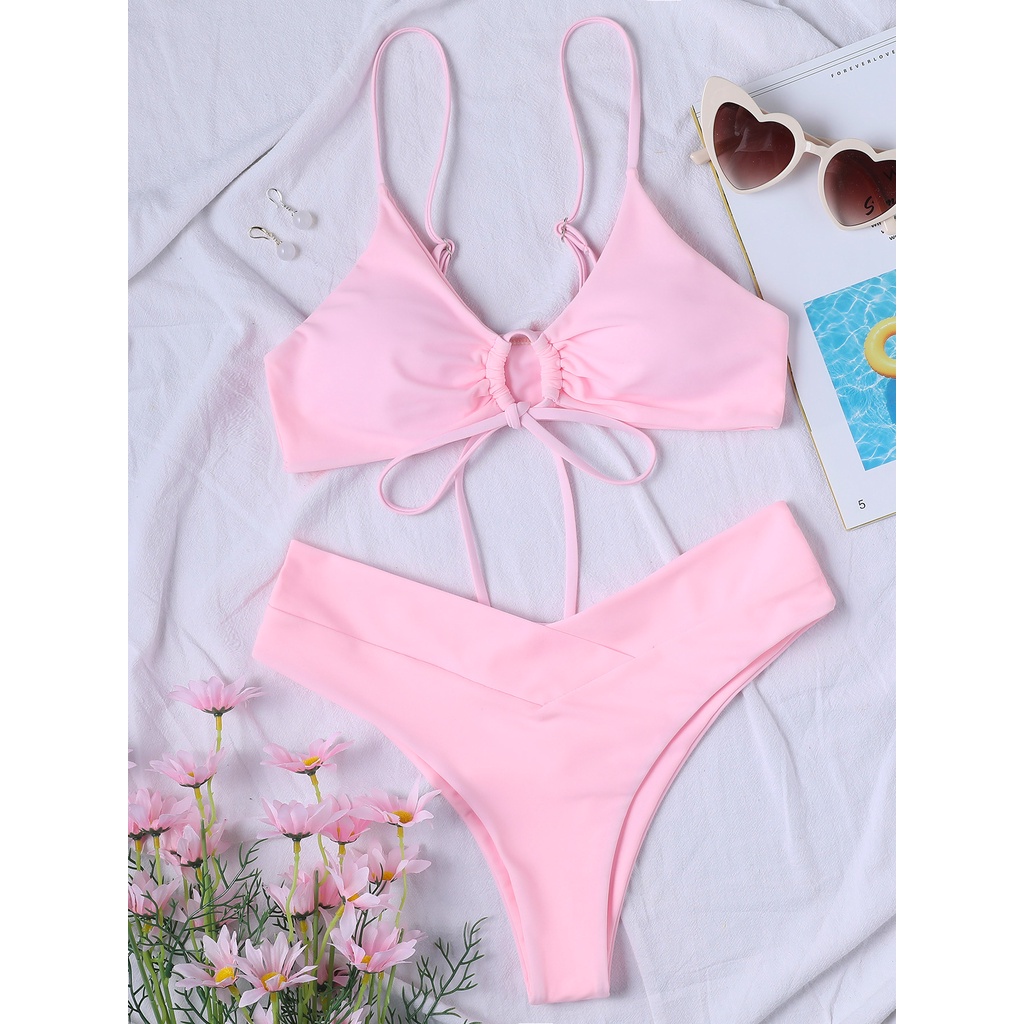 Bộ bikini màu trơn cột dây lưng cao gợi cảm xẻ tà dành cho nữ đi biển