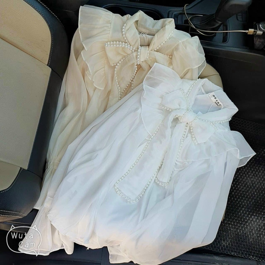 Áo sơ mi nữ kiểu Hàn Quốc bánh bèo tiểu thư đẹp form rộng bigsize cổ nơ đính ngọc tay phồng thời trang A02