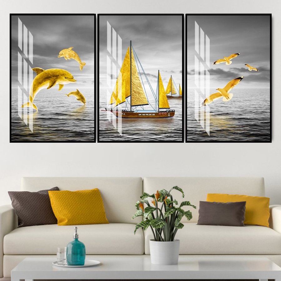 Tranh Laminate Tráng Gương - Tranh Treo Tường Phòng Khách, Phòng Ngủ Nghệ Thuật - Thuyền Buồm Và Cá Heo