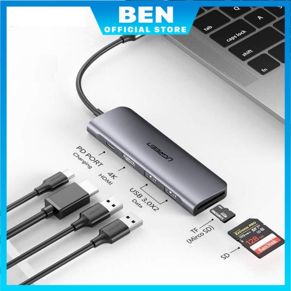 Hub USB-C 6 in 1 Ugreen 70411 (ra HDMI, 2USB 3.0 + SD/TF + PD100W) - Hàng chính hãng