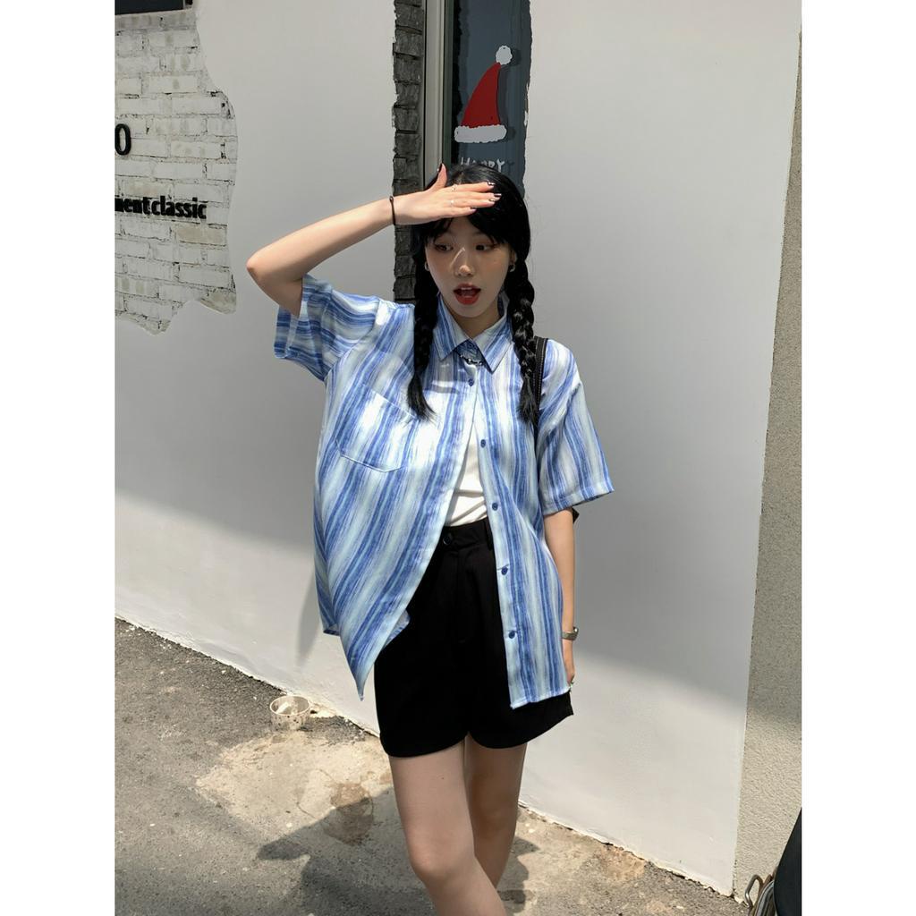 Lalisas Áo Sơ Mi Tay Ngắn Dáng Rộng Cổ polo Nhuộm Màu Nhuộm Phong Cách Hàn Quốc Thời Trang Cho Nữ