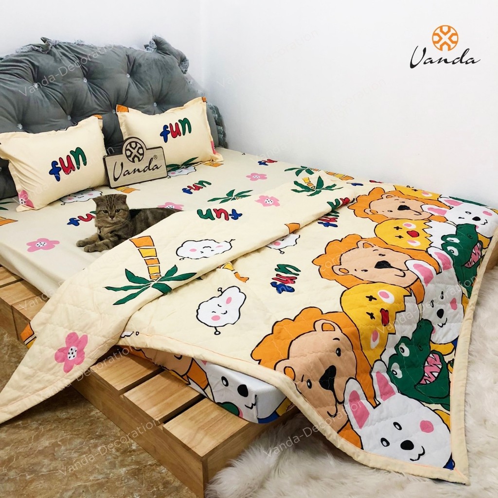 Bộ chăn hè Cotton Poly VN ga gối , drap giường họa tiết động vật kem