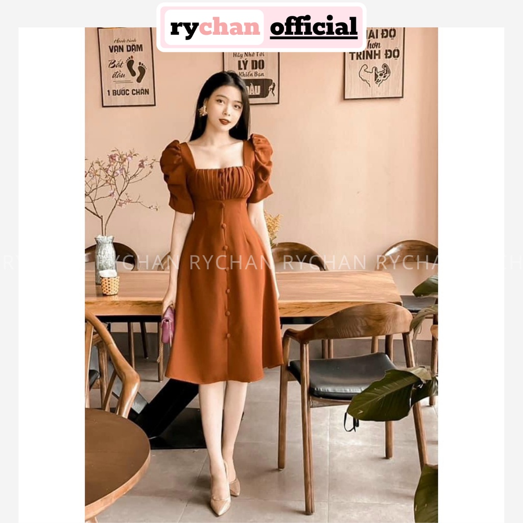 Đầm Xòe Midi Cổ Vuông Nút Bọc Tay Phồng 2 Màu [Ảnh Thật Cuối] - DX9997