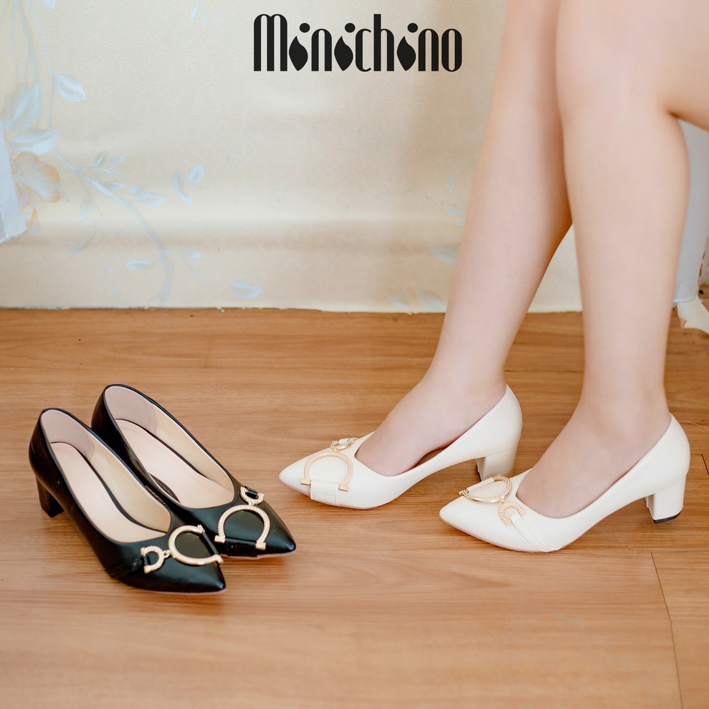 Giày búp bê nữ cao 5cm MINICHINO mũi nhọn gót vuông, da mờ thời trang màu kem TC048 | BigBuy360 - bigbuy360.vn