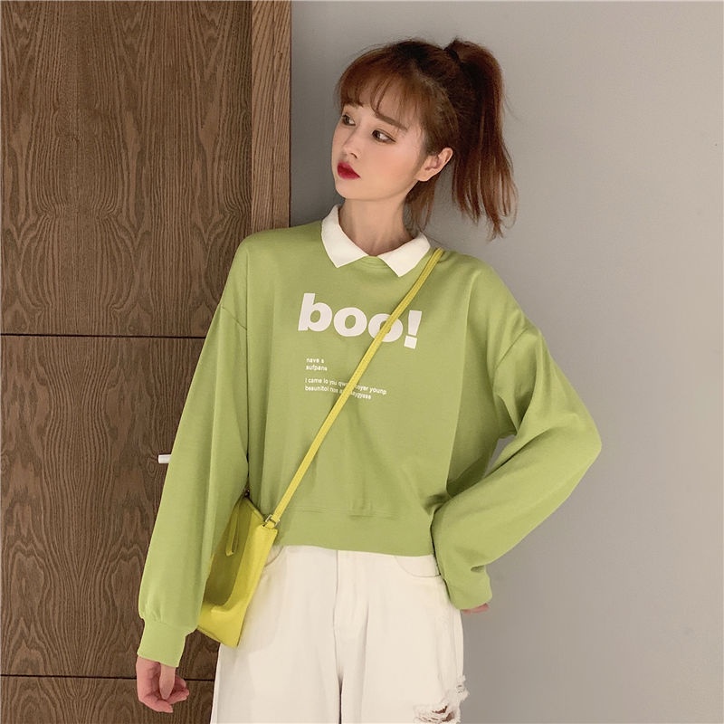 Women's Fleece-Lined Winter Sweater New Long-Sleeved T-shirt Student Korean Style Boyfriend Loose Short Insfashion Fake Two-Piece Top Clothes