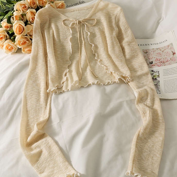 NUZIRO  Áo cardigan  mỏng che nắng dáng ngắn cổ thắt nơ phong cách Pháp màu sắc xuyên thấu thời trang cho nữ