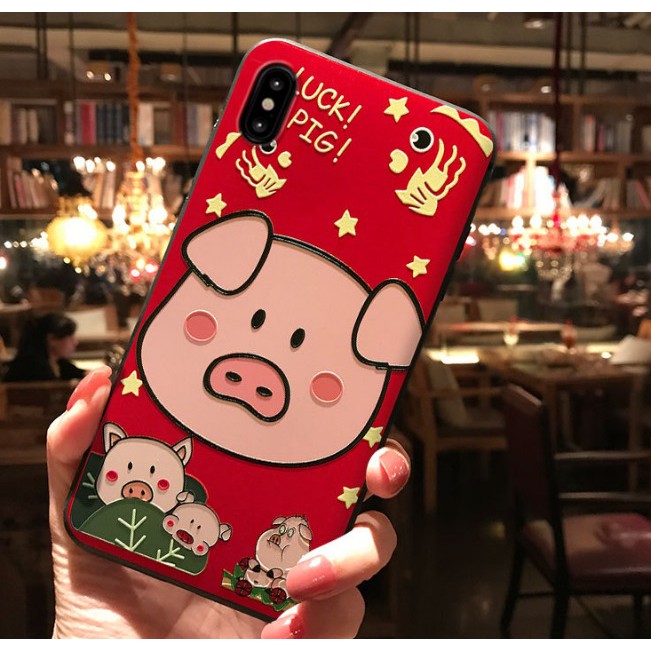 Ốp lưng iPhone 6 6s 6 Plus 6s Plus 7 7 Plus 8 8 Plus X XS Max hình con lợn chú heo màu đỏ Thần Tài dễ thương dẻo 3D Case