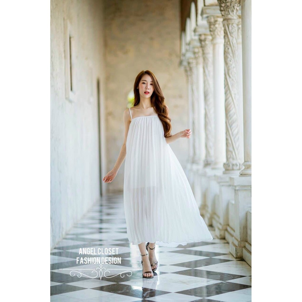 Đầm suông hai dây dáng dài xếp ly, đầm bầu, đầm maxi
