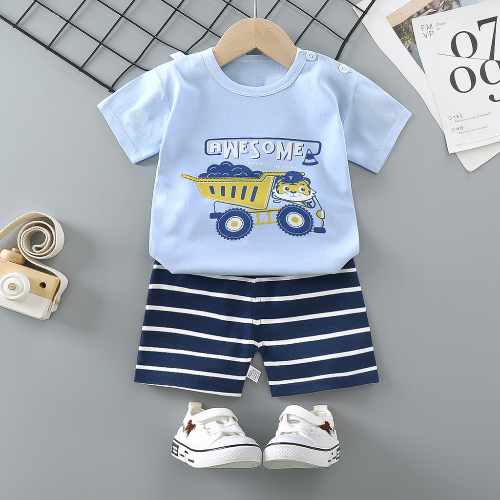 Bộ Áo Thun Cotton Tay Ngắn In Hoạt Hình + Quần Đùi Phong Cách Hàn Quốc Thời Trang Mùa Hè Cho Bé