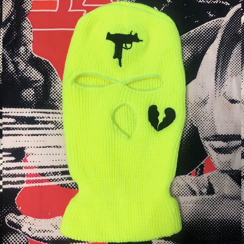 Mũ dệt kim thêu hình trái tim vỡ 3 lỗ phong cách Balaclava thời trang thu đông