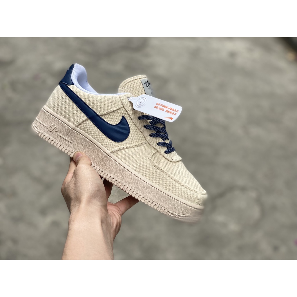 Giày AF1 Beige Deep blue vải G.a.i D.ầ.u- AF1 Màu Kem Kẻ Xanh Than Bản Cao Cấp