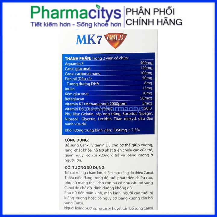 Viên uống canxi nano Mk7 bổ dung dưỡng chất glucosamin cho khớp ngừa loãng xương hôp 30 viên