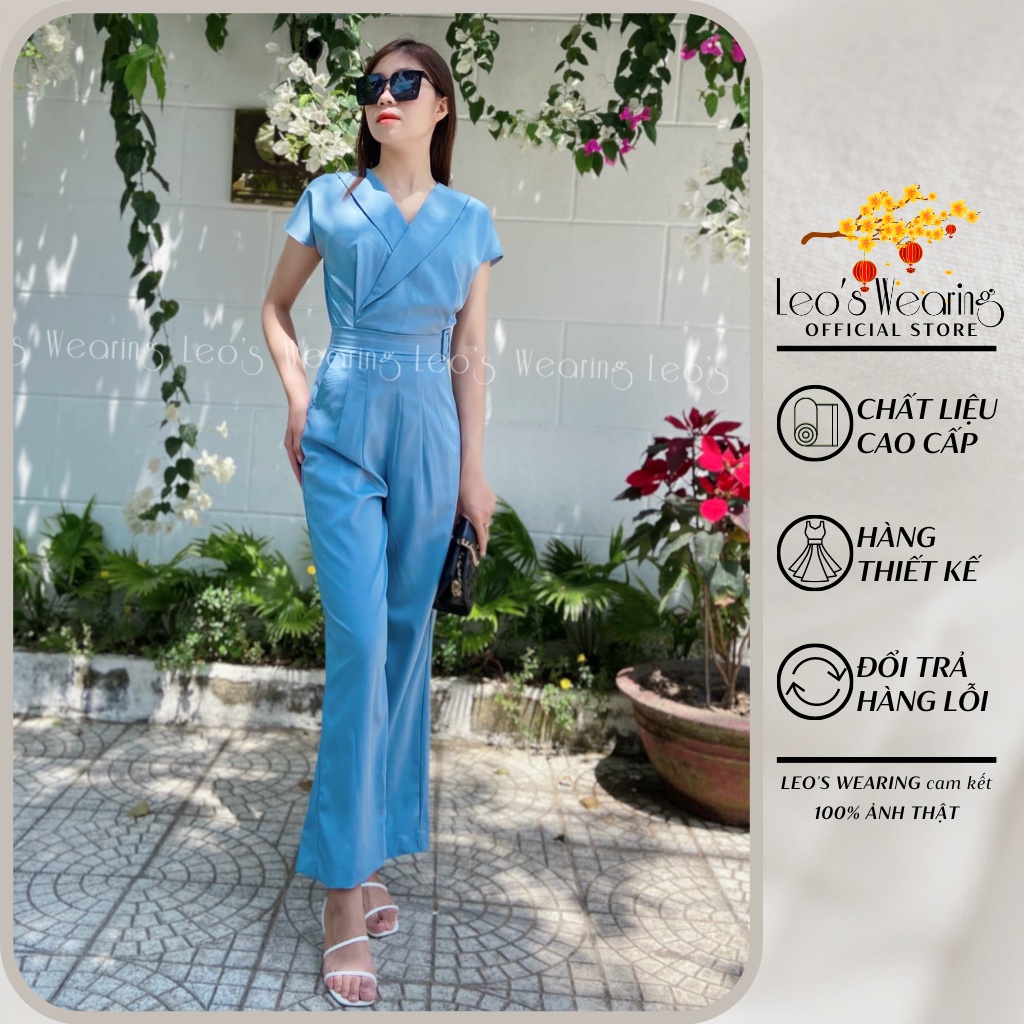 Bộ Jumsuit áo cổ chéo quần dài ống suông kèm đai có túi LEOSWEARING chất lụa trượt cao cấp mặc văn phòng đi tiệc K26 K27