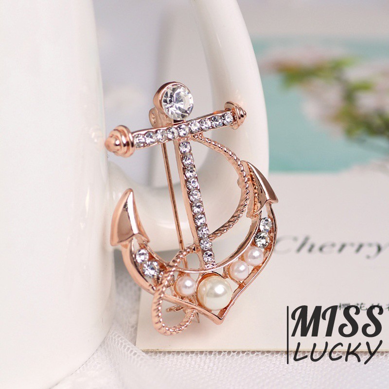 Ghim cài áo hình mỏ neo đính đá và ngọc trai giả xinh xắn