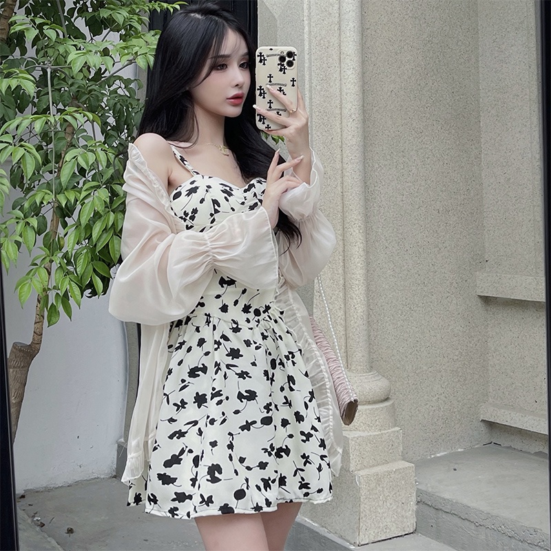 Đầm Perty họa tiết hoa hai dây chống nắng phong cách thời trang Hàn Quốc cho nữ