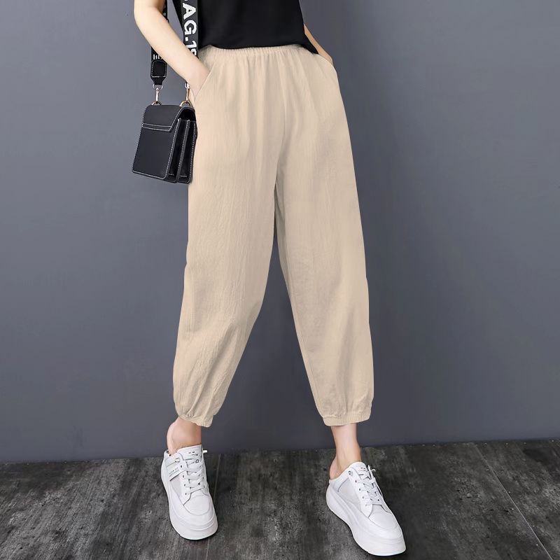 Quần jogger nữ, Quần bo gấu vải đũi xước cao cấp mùa hè, mùa thu mặc đi chơi