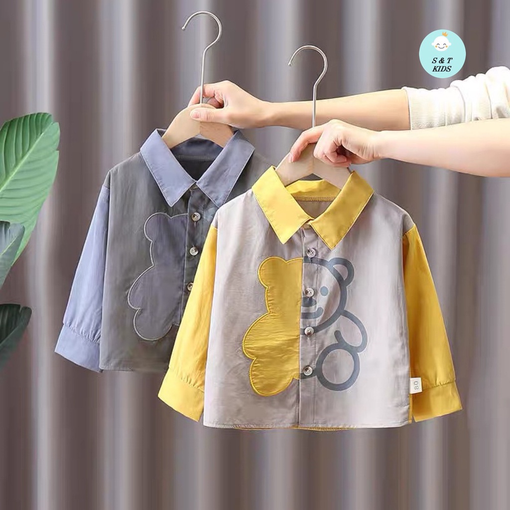 AT12 - Áo sơ mi bé trai, áo sơ mi đũi dài tay in gấu cho bé trai từ 8-20kg