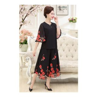 Bộ quần áo voan 2 lớp cho mẹ, quần ống rộng, hoa hồng