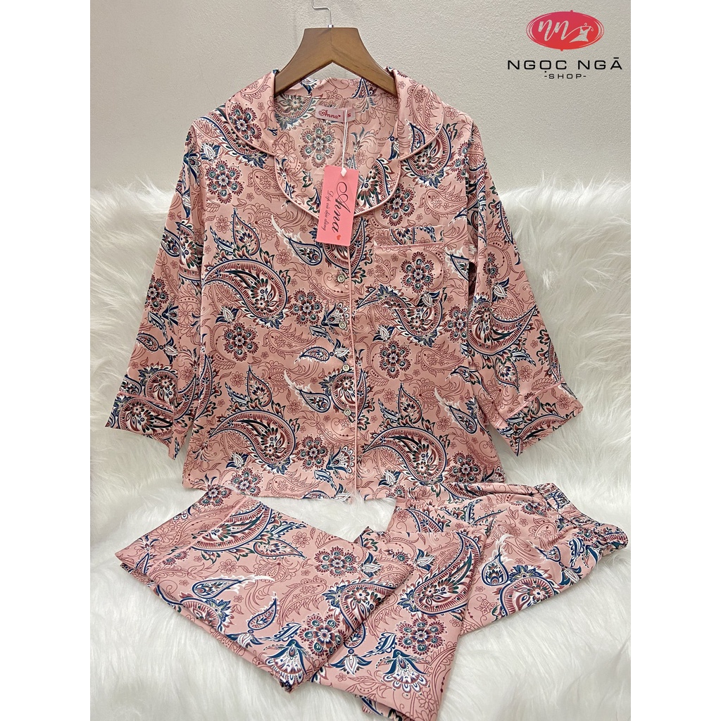 Set đồ lụa mặc nhà ANNA, Chất lụa mềm mịn cao cấp, thoáng mát, không gây bí kiểu dáng áo cộc quần dài họa tiết hoa lá