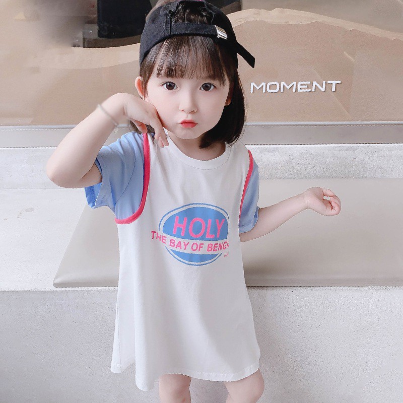 Đầm Thun Giả Hai Lớp In Chữ Phong Cách Hàn Quốc Thời Trang Mùa Hè Mới Cho Bé Gái